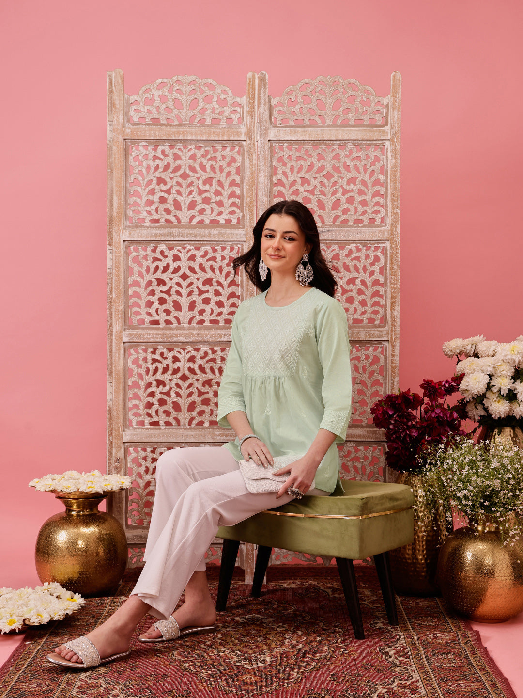 Light-Green-Cotton-Lucknowi-Chikankari-Short-Kurta-ONLY