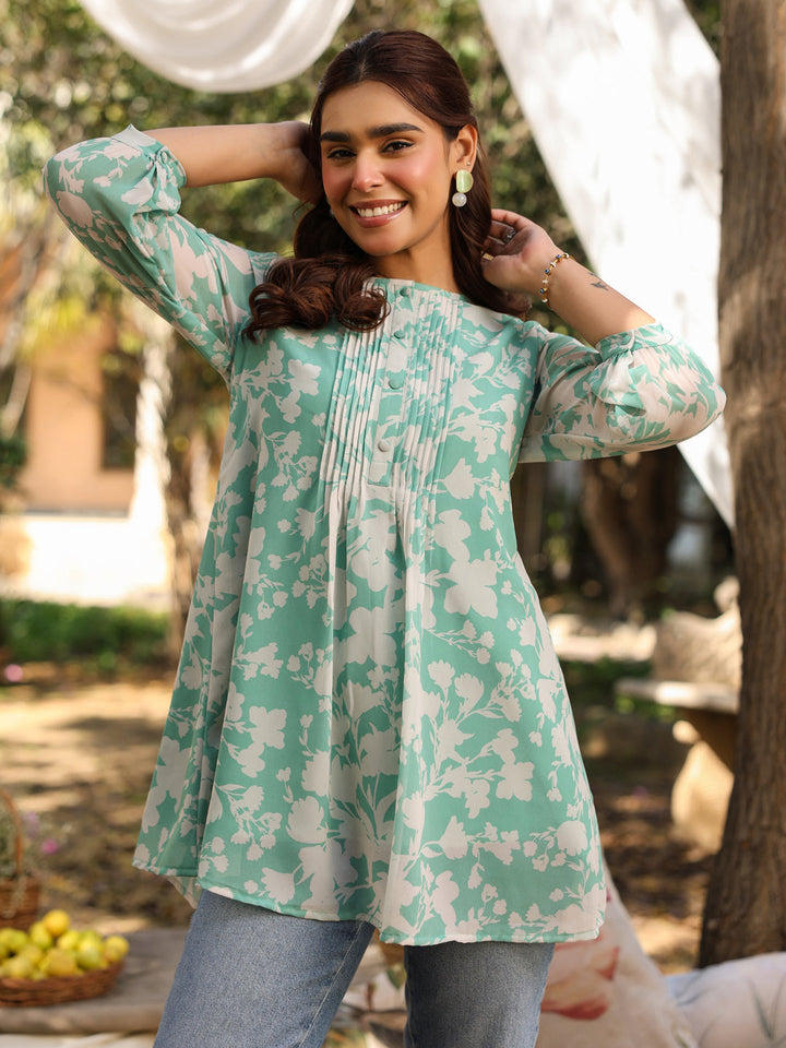Green Georgette All-Over Floral Straight Tunic Only