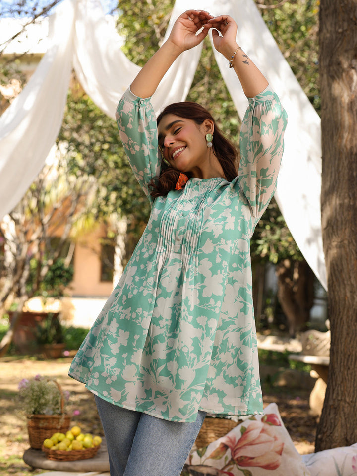 Green Georgette All-Over Floral Straight Tunic Only