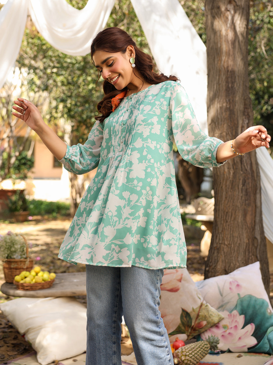 Green Georgette All-Over Floral Straight Tunic Only