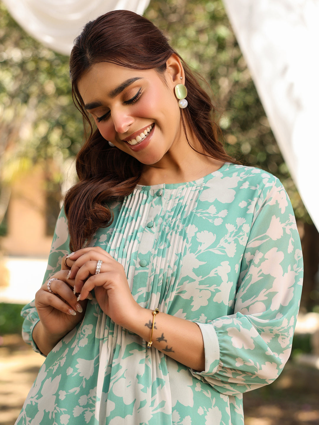 Green Georgette All-Over Floral Straight Tunic Only