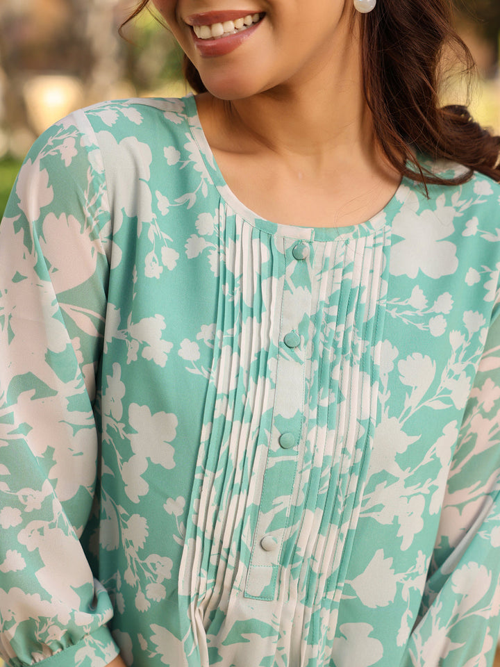 Green Georgette All-Over Floral Straight Tunic Only