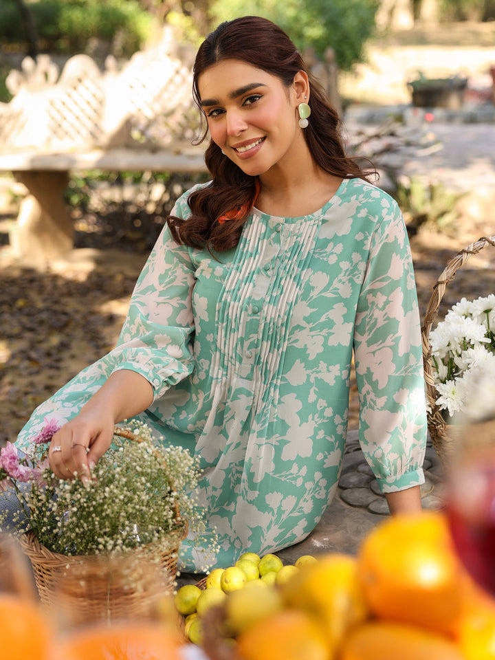 Green Georgette All-Over Floral Straight Tunic Only
