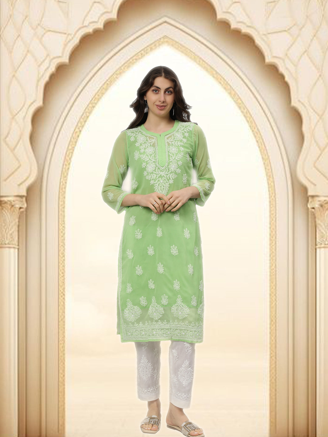 Green-Georgette-Embroidered-Chikankari-Kurta-With-Slip
