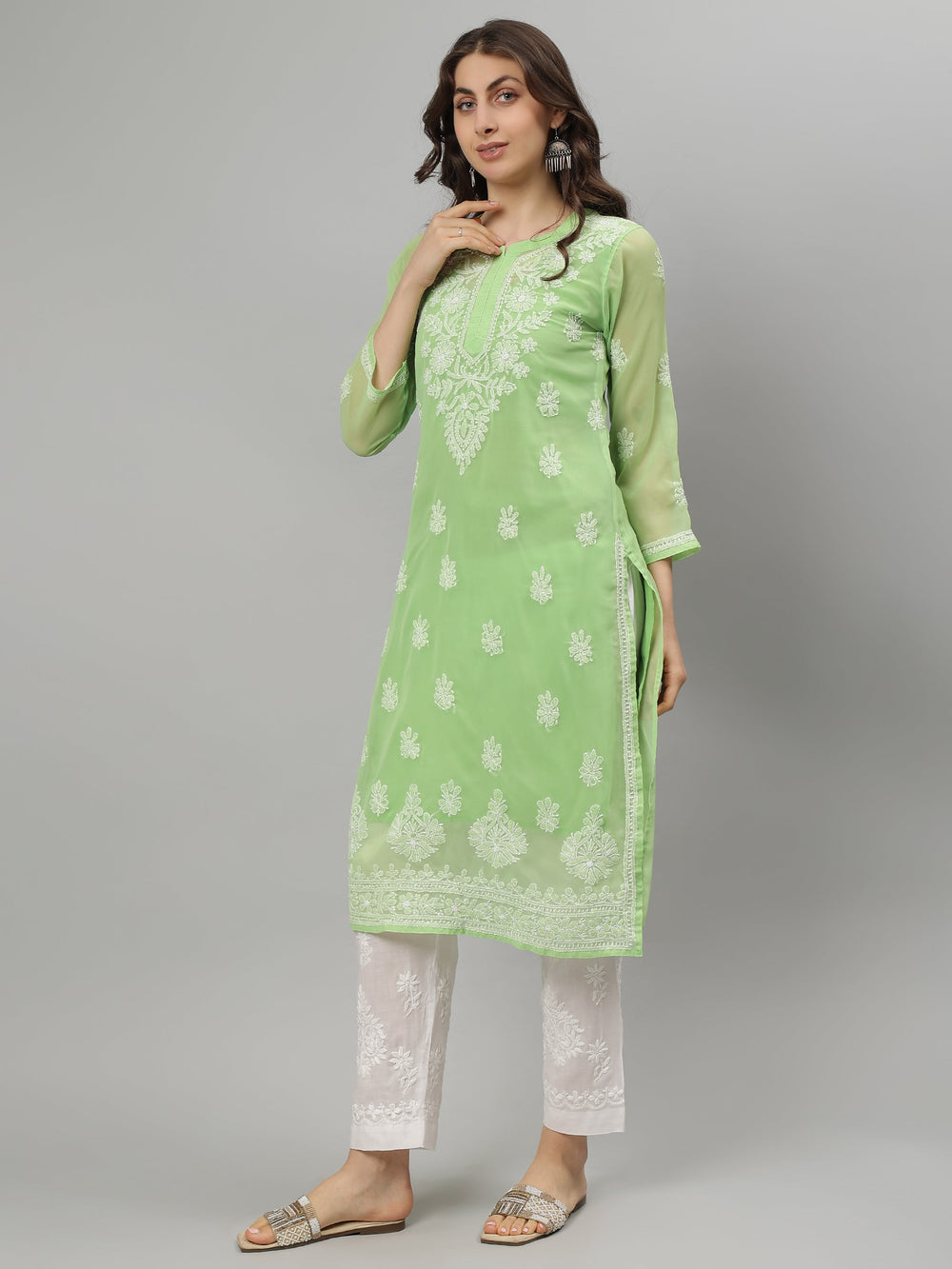 Green-Georgette-Embroidered-Chikankari-Kurta-With-Slip