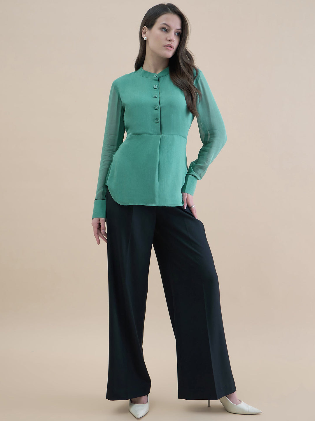 Green-Georgette-Piping-Detailed-Top-ONLY