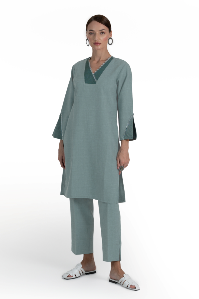 Green Linen Poly Adha Kurta & Pant Set