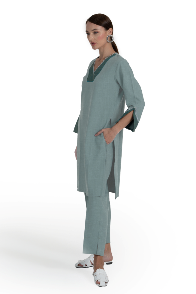 Green Linen Poly Adha Kurta & Pant Set