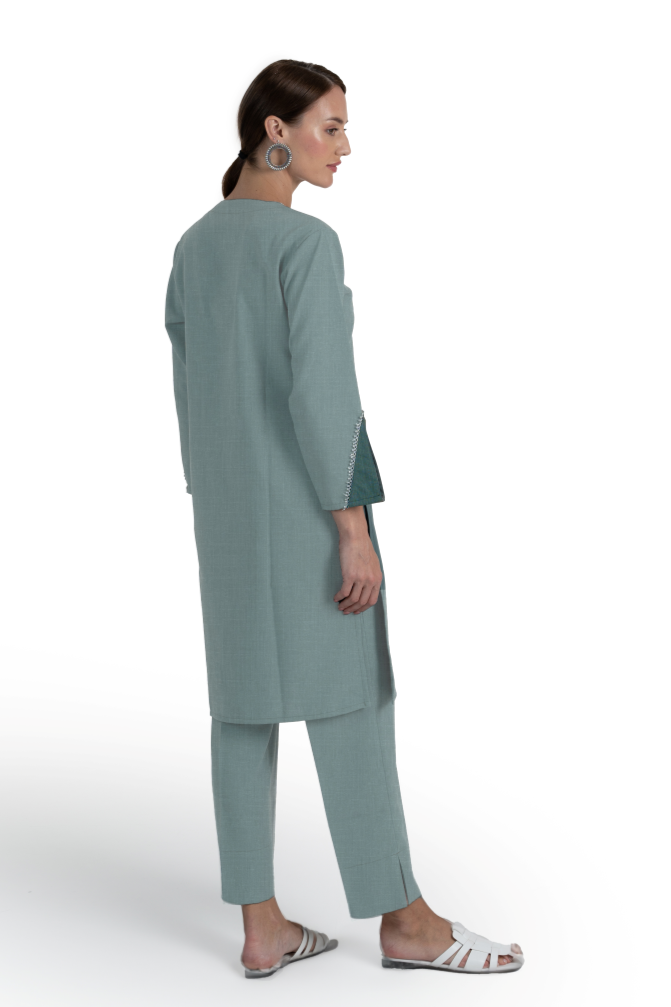 Green Linen Poly Adha Kurta & Pant Set