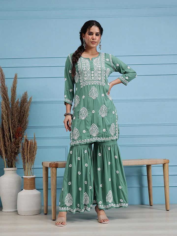 Green-Modal-Lucknowi-Chikankari-Sharara-Set-(Set-Of-2)