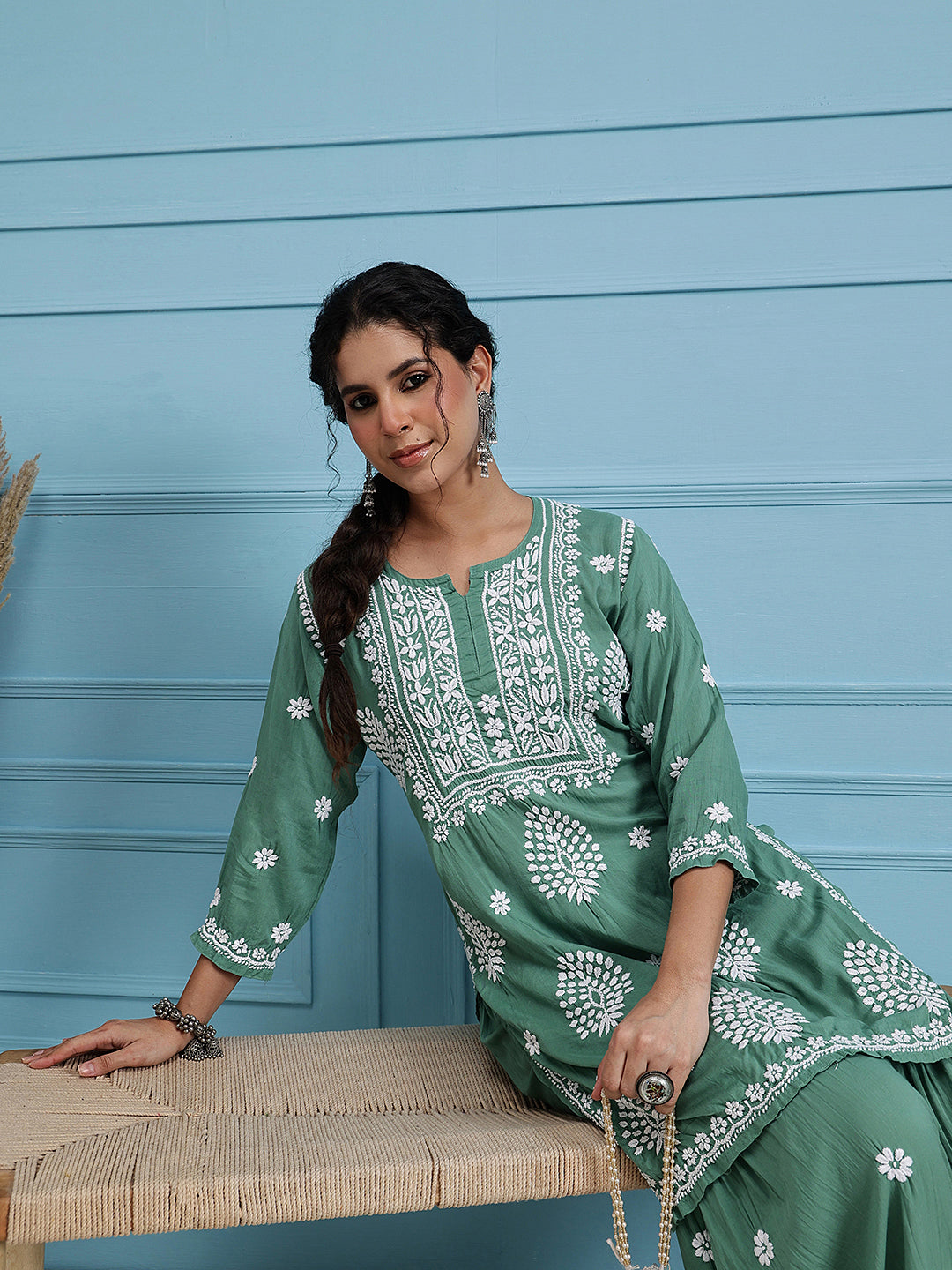Green-Modal-Lucknowi-Chikankari-Sharara-Set-(Set-Of-2)