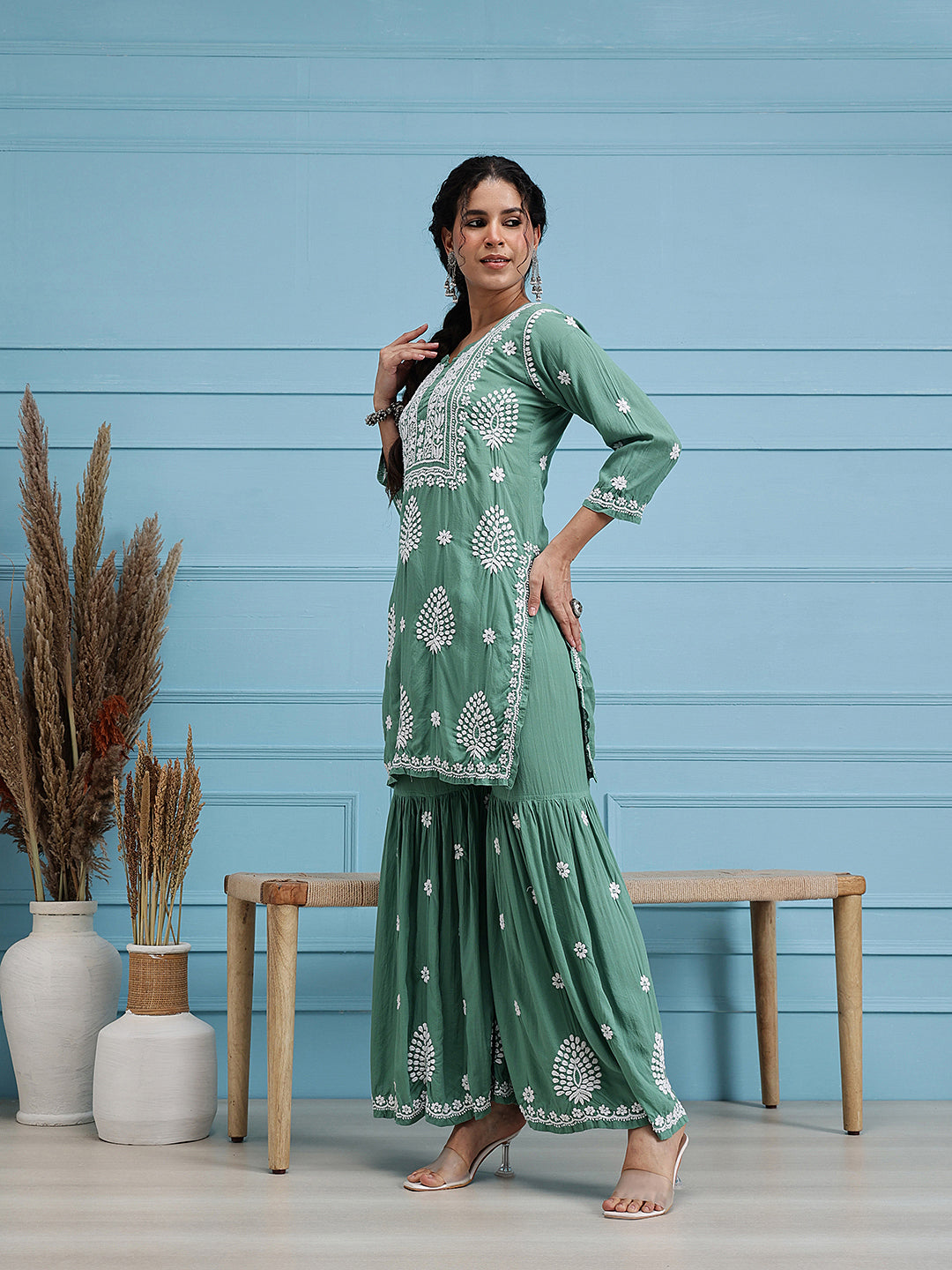Green-Modal-Lucknowi-Chikankari-Sharara-Set-(Set-Of-2)