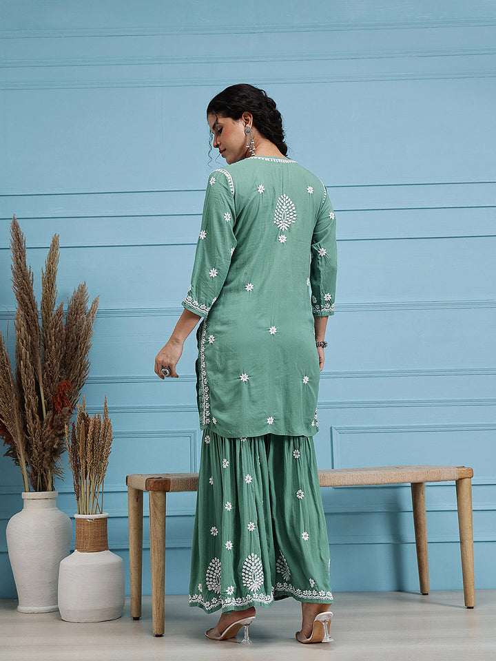 Green-Modal-Lucknowi-Chikankari-Sharara-Set-(Set-Of-2)