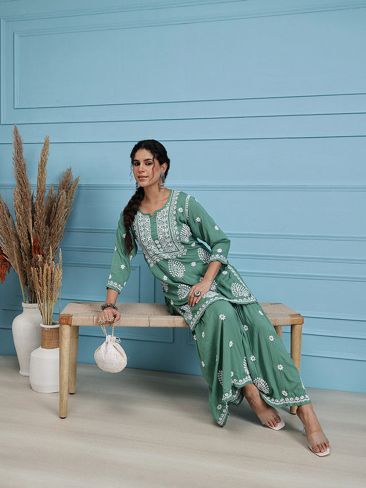 Green-Modal-Lucknowi-Chikankari-Sharara-Set-(Set-Of-2)