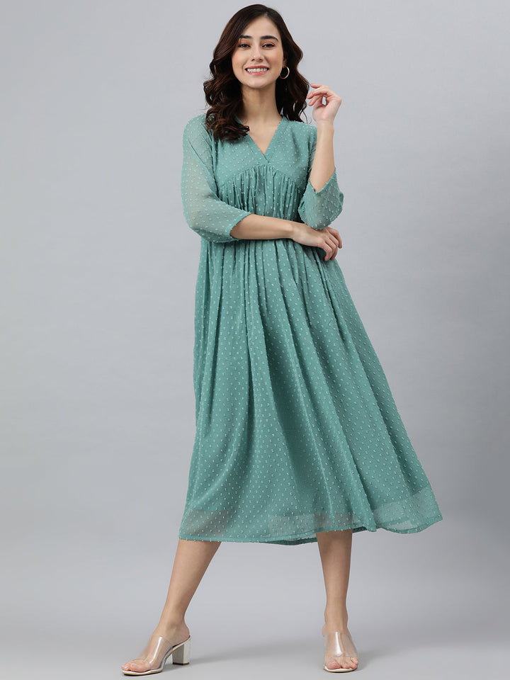 Green Poly Chiffon Self-Design Flared Kurta