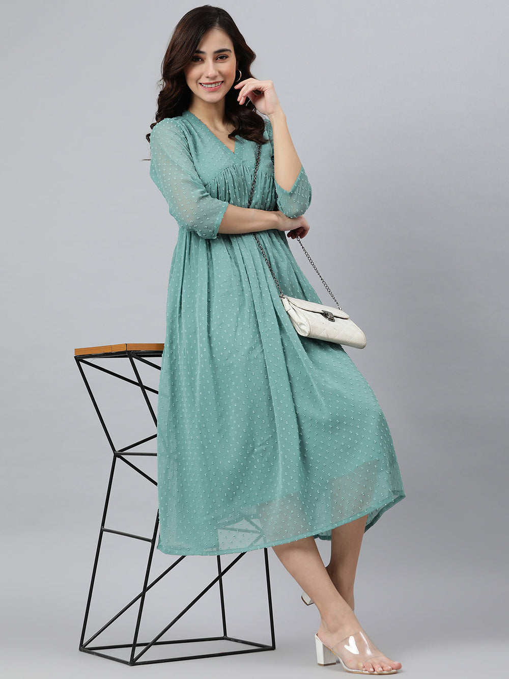 Green Poly Chiffon Self-Design Flared Kurta