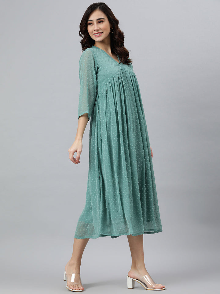 Green Poly Chiffon Self-Design Flared Kurta