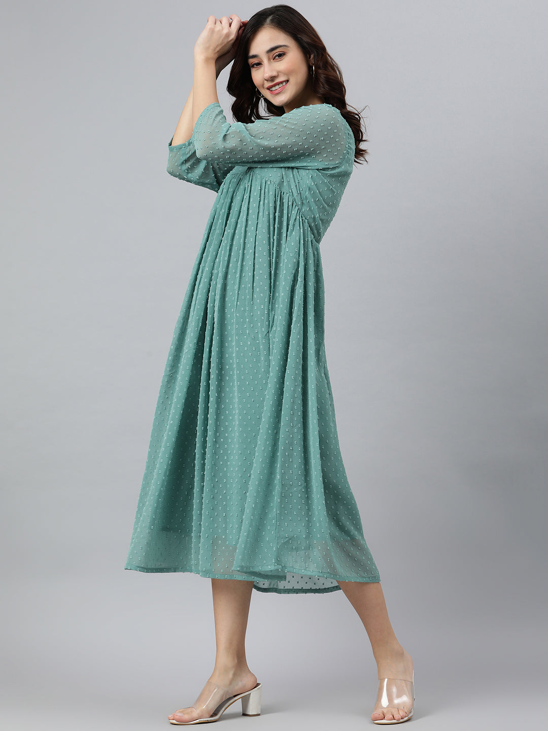 Green Poly Chiffon Self-Design Flared Kurta
