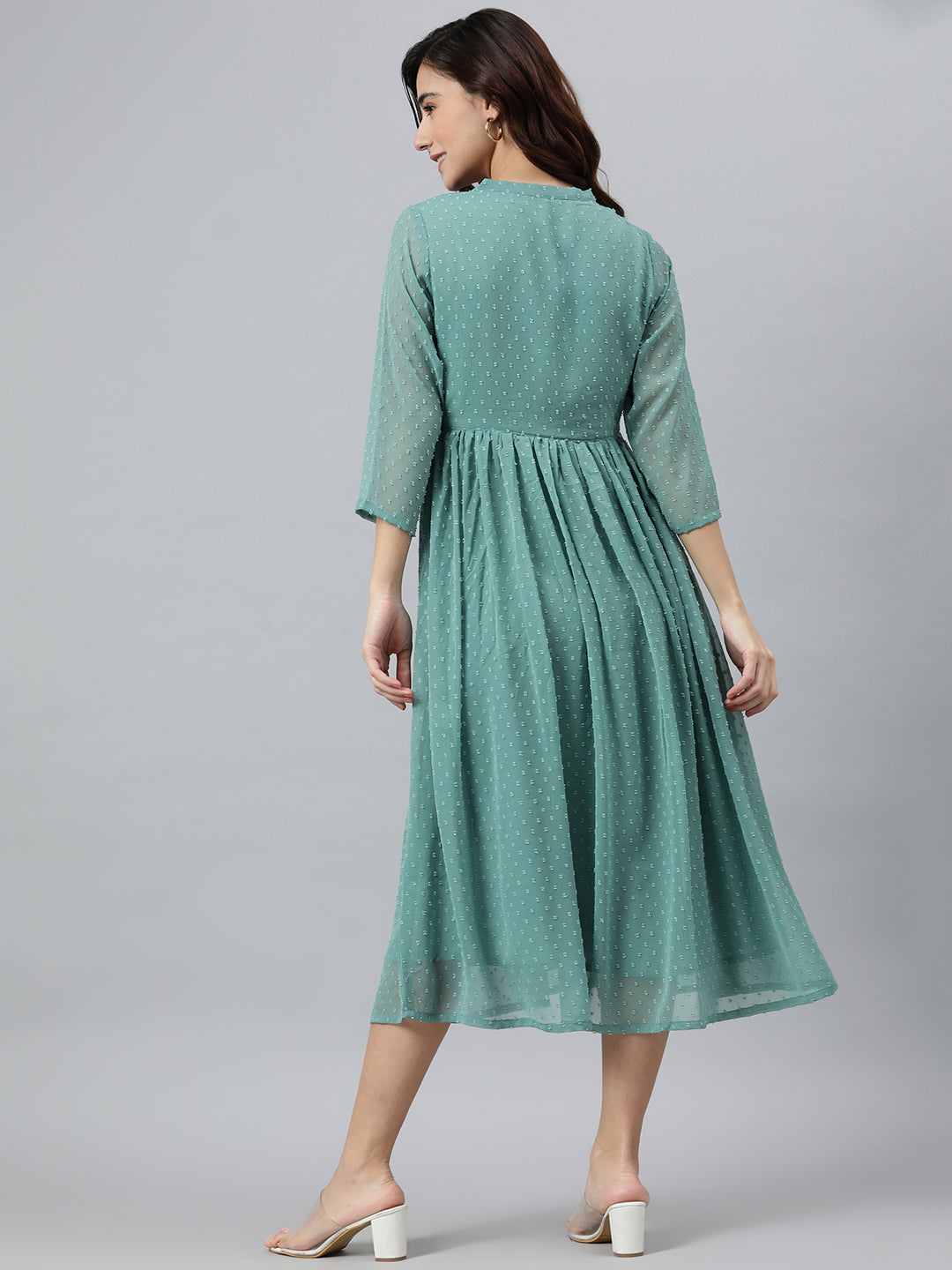 Green Poly Chiffon Self-Design Flared Kurta