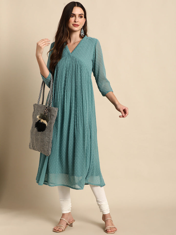 Green Poly Chiffon Self-Design Flared Kurta