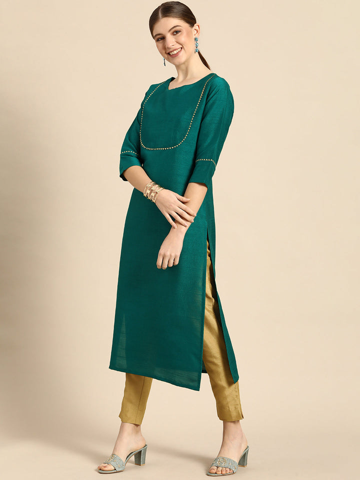 Green Poly Silk Solid Kurta & Pant Set