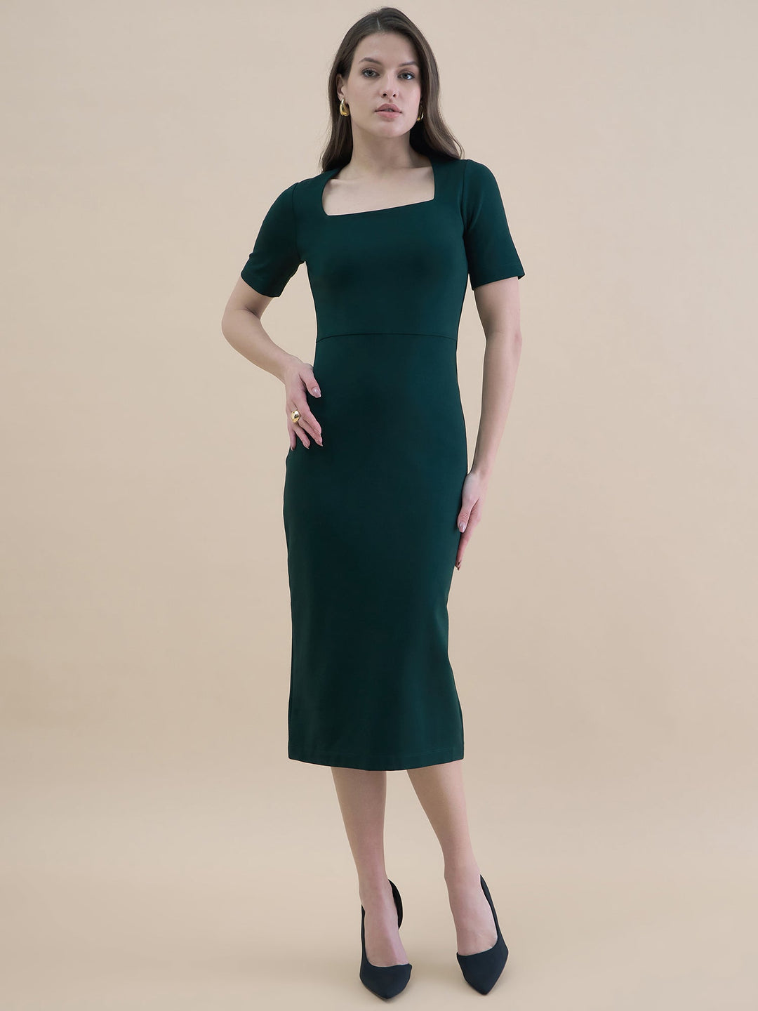 Black-Polyester-Square-Neck-Stretchable-Bodycon-Dress