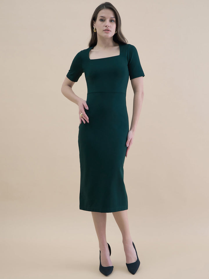Black-Polyester-Square-Neck-Stretchable-Bodycon-Dress