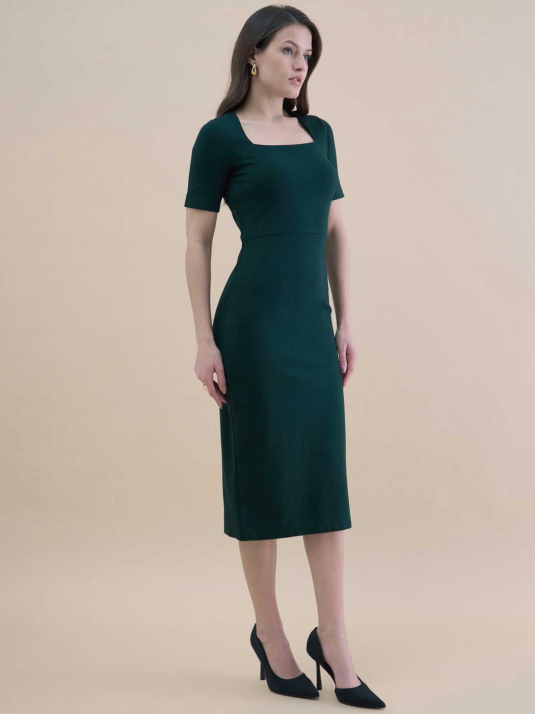 Black-Polyester-Square-Neck-Stretchable-Bodycon-Dress