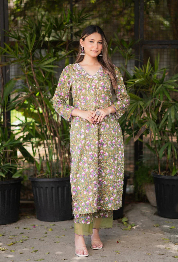 Green-Pure-Cotton-Handblock-2-Piece-Kurta-Set