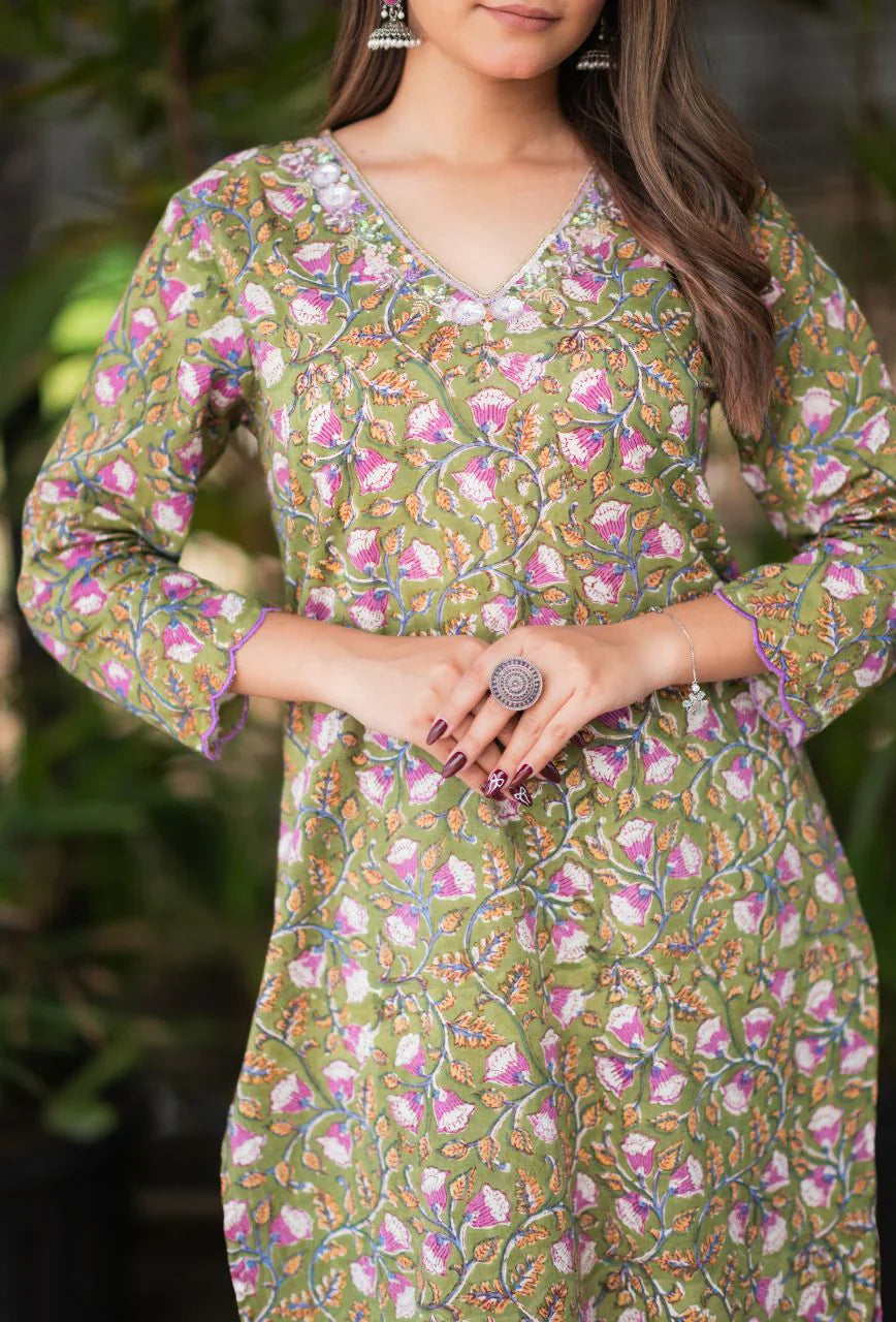 Green-Pure-Cotton-Handblock-2-Piece-Kurta-Set