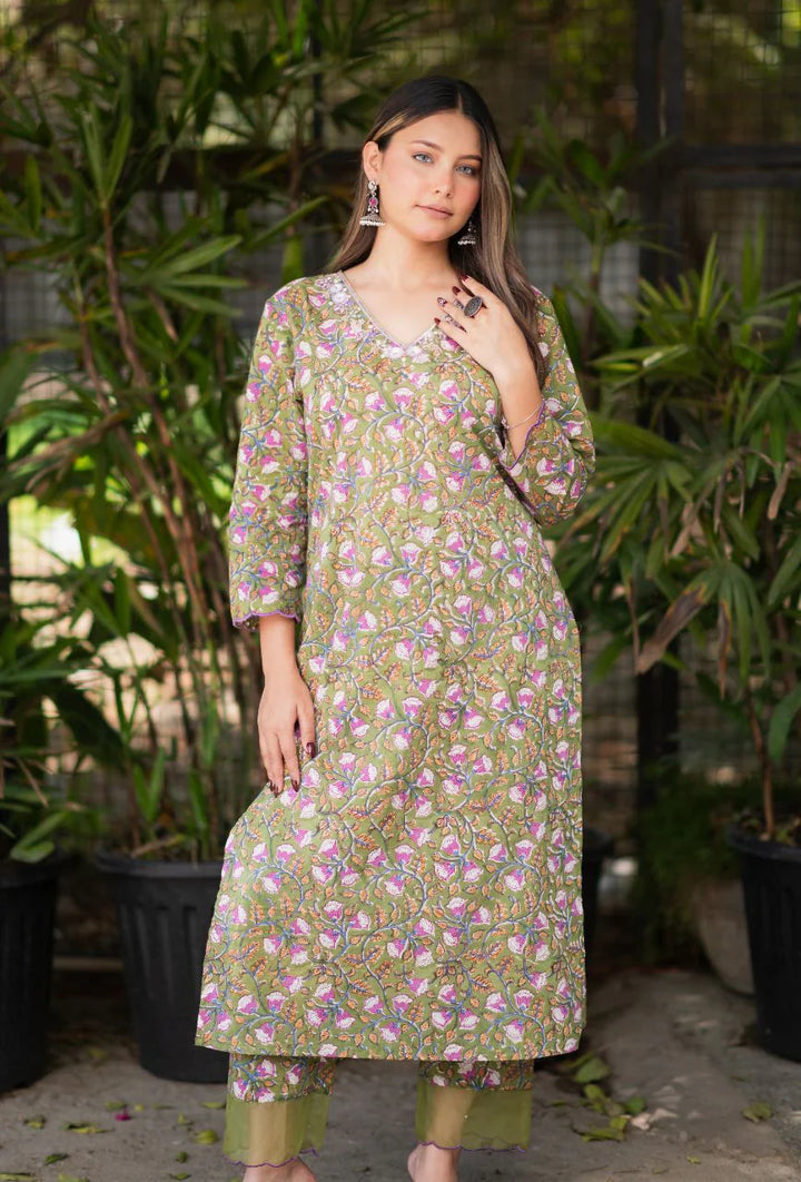 Green-Pure-Cotton-Handblock-2-Piece-Kurta-Set
