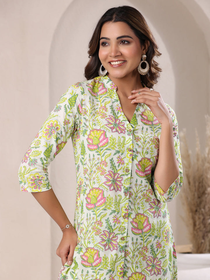 Green Pure Cotton Floral Printed Straight Co-Ord Set