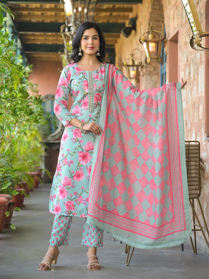 Green-&-Pink-Rayon-Blend-Floral-Printed-3-Piece-Kurta-Set