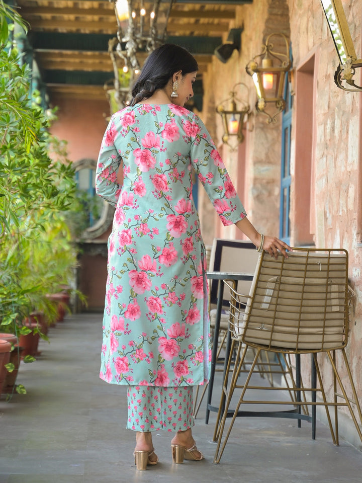 Green-&-Pink-Rayon-Blend-Floral-Printed-3-Piece-Kurta-Set