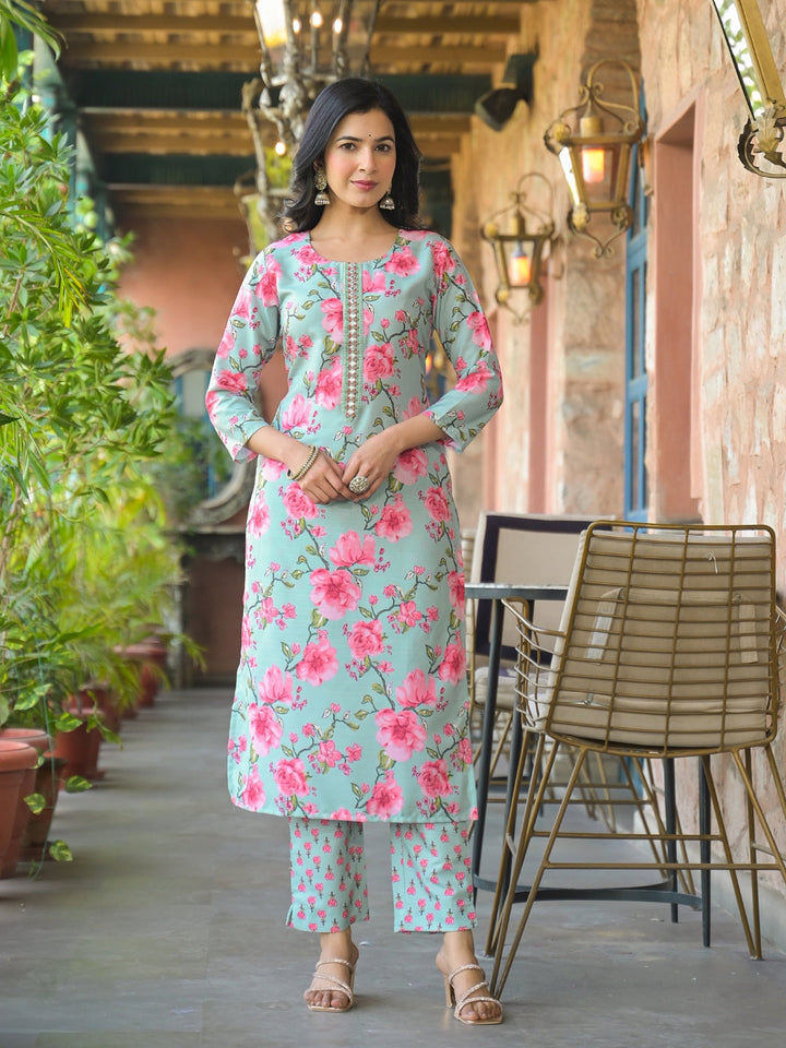 Green-&-Pink-Rayon-Blend-Floral-Printed-3-Piece-Kurta-Set