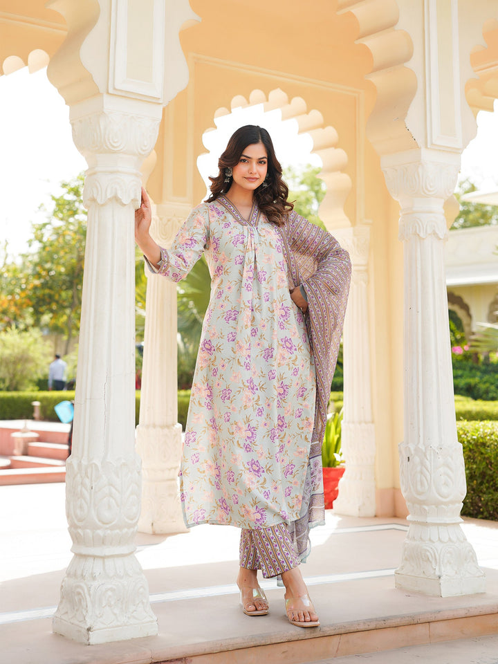 Green-Rayon-Blend-Floral-Printed-Straight-3-Piece-Kurta-Set