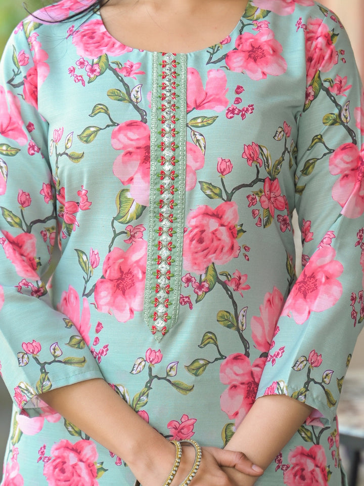 Green-&-Pink-Rayon-Blend-Floral-Printed-3-Piece-Kurta-Set