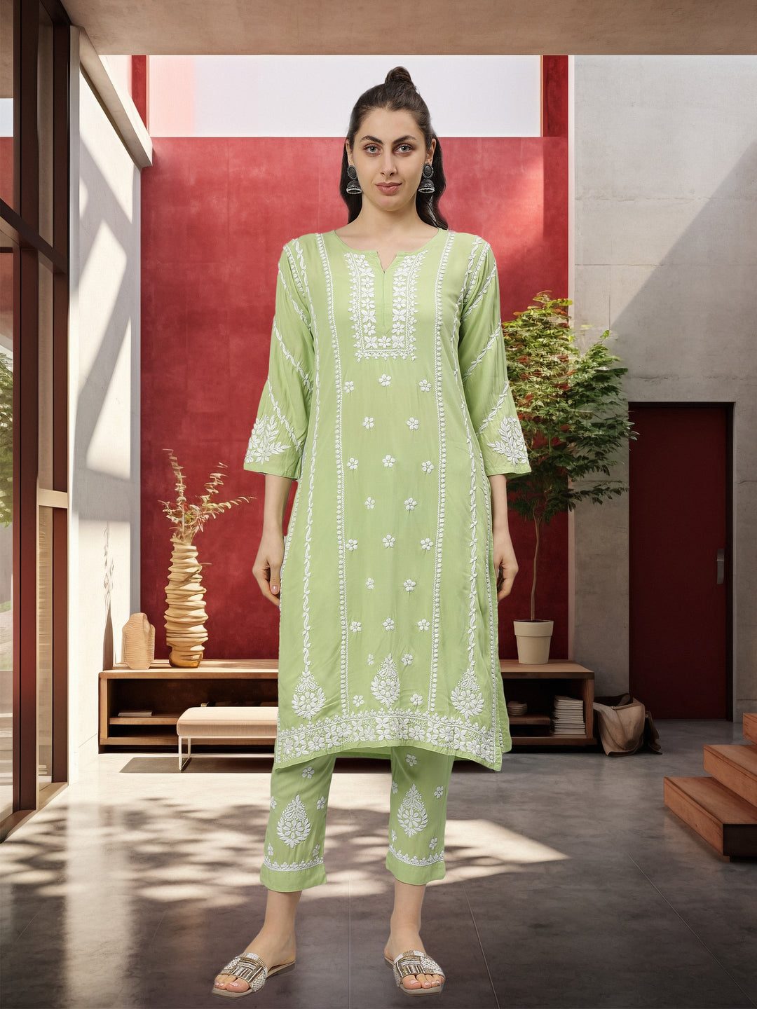 Green-Rayon-Lucknowi-Chikankari-Kurta-with-Pant-Set