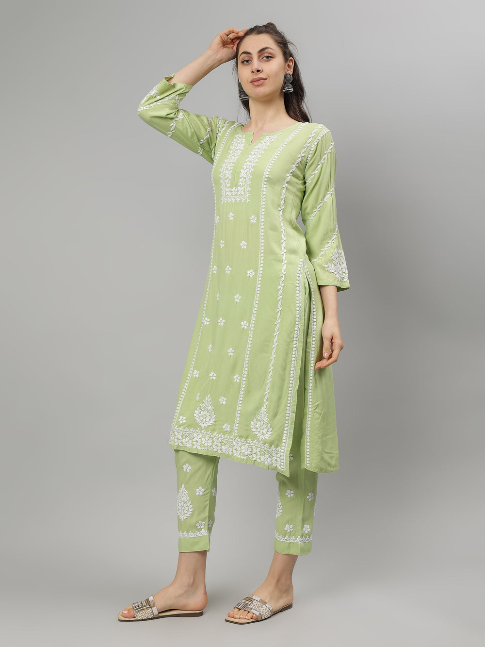Green-Rayon-Lucknowi-Chikankari-Kurta-with-Pant-Set