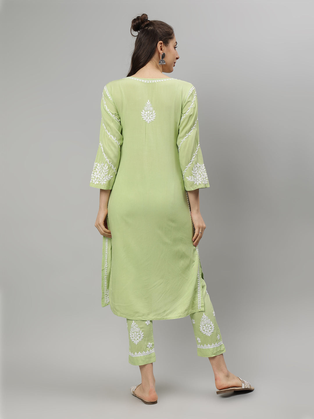 Green-Rayon-Lucknowi-Chikankari-Kurta-with-Pant-Set