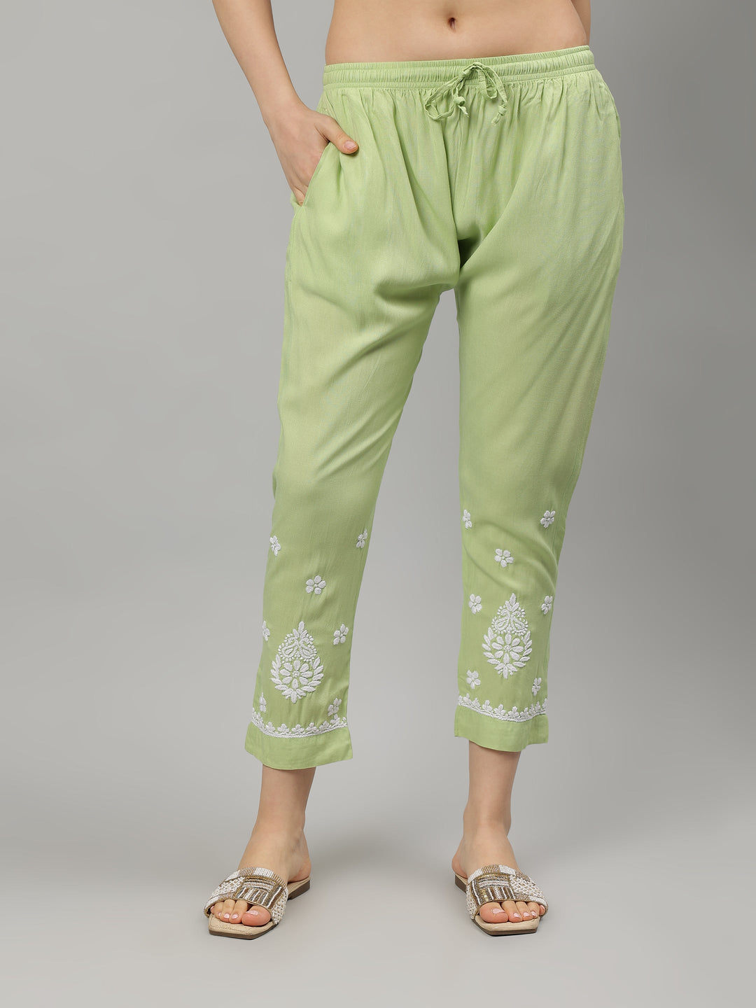 Green-Rayon-Lucknowi-Chikankari-Kurta-with-Pant-Set