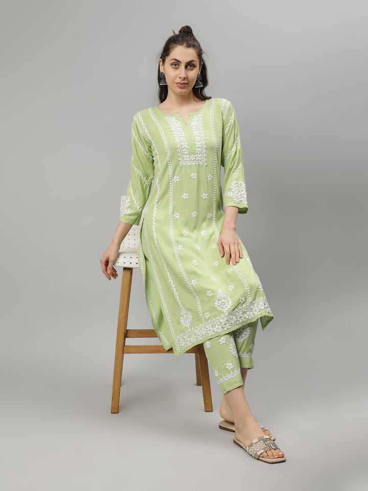 Green-Rayon-Lucknowi-Chikankari-Kurta-with-Pant-Set