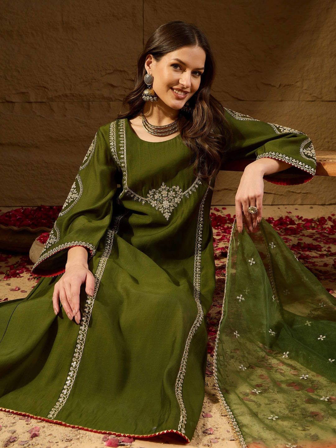 Green Silk Blend Embroidered A-Line 3-Piece Kurta Set