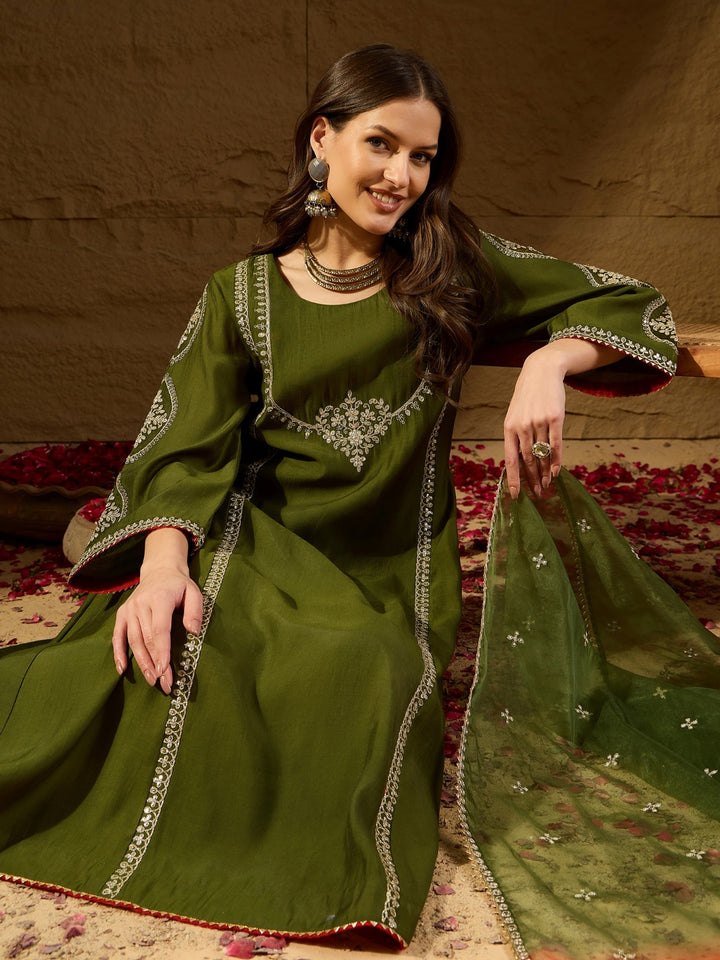 Green Silk Blend Embroidered A-Line 3-Piece Kurta Set