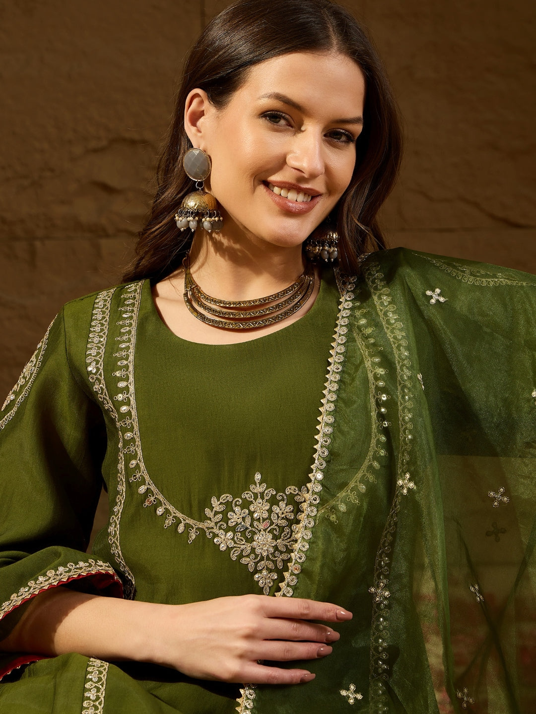 Green Silk Blend Embroidered A-Line 3-Piece Kurta Set