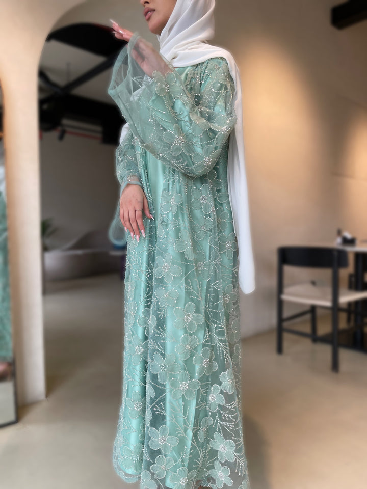 Green-Silk-Pistachio-Pearl-Full-Abaya-Set