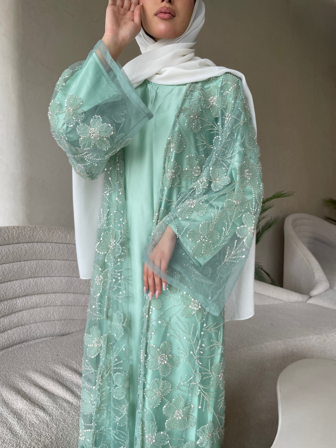 Green-Silk-Pistachio-Pearl-Full-Abaya-Set