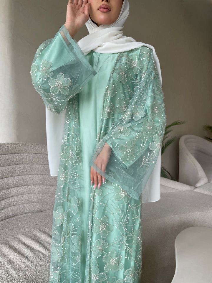Green-Silk-Pistachio-Pearl-Full-Abaya-Set