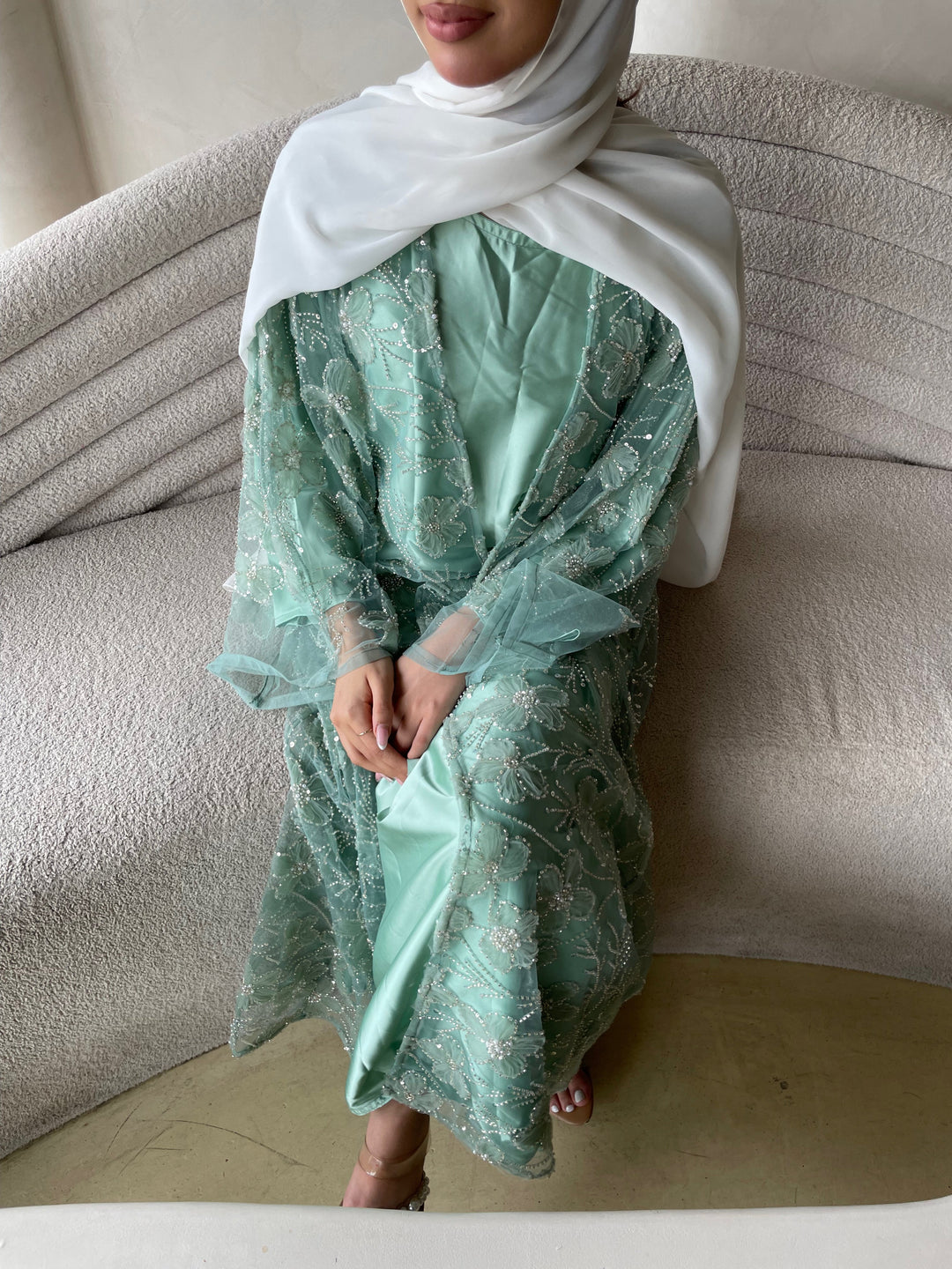 Green-Silk-&-Net-Pistachio-Pearl-Stitched-Kimono-Only