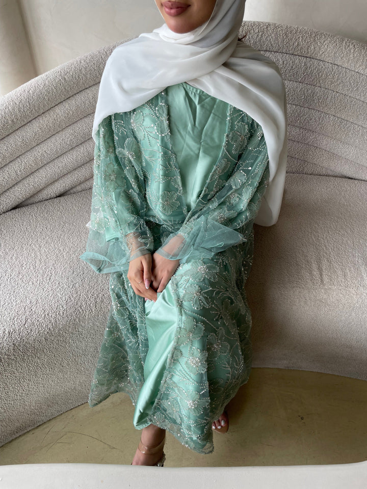 Green-Silk-Pistachio-Pearl-Full-Abaya-Set